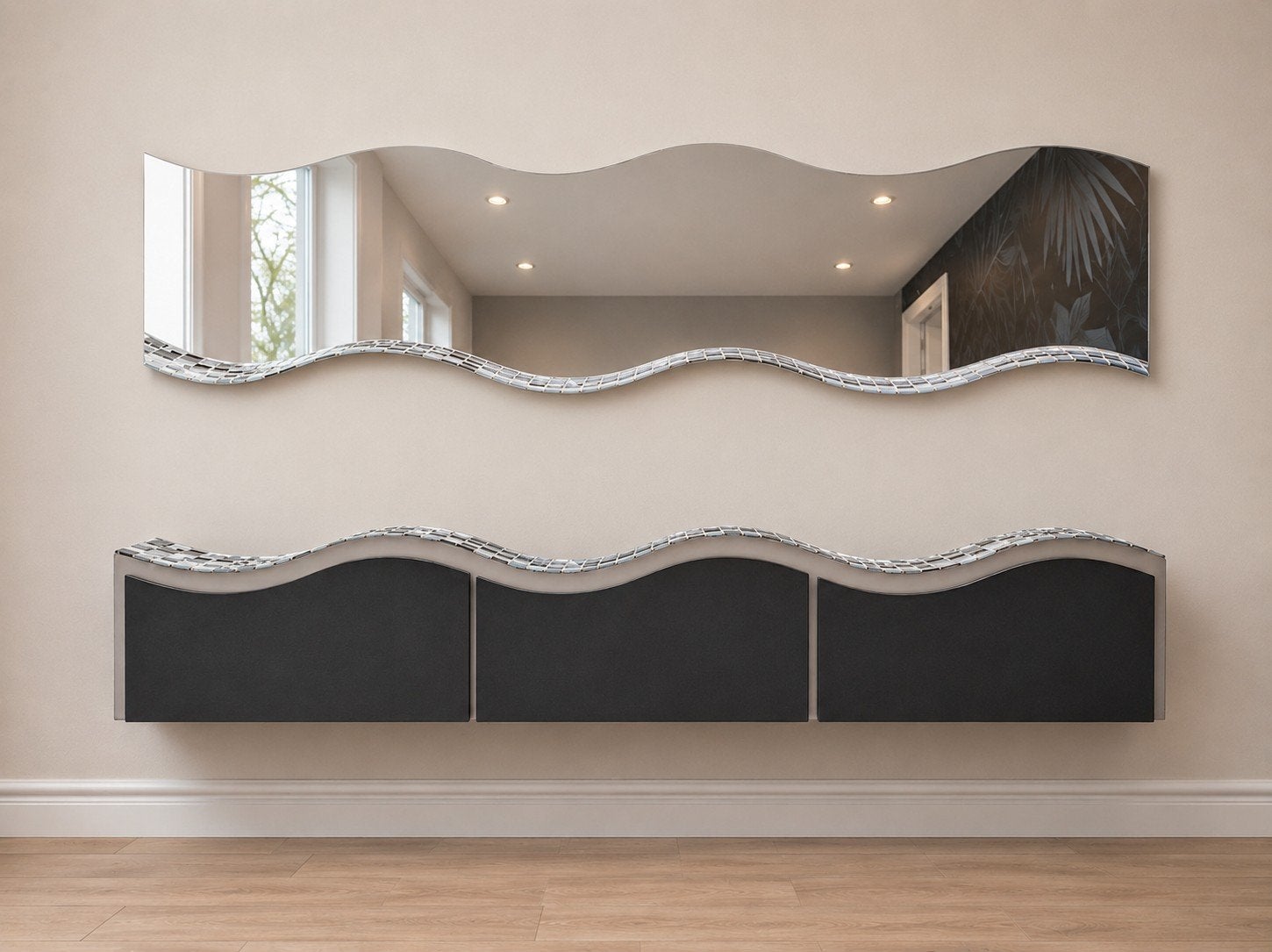Unieke golvende kast + spiegel - met mozaïekrand, Huis en Inrichting, Woonaccessoires | Spiegels, Ophalen, Zo goed als nieuw, 100 tot 125 cm