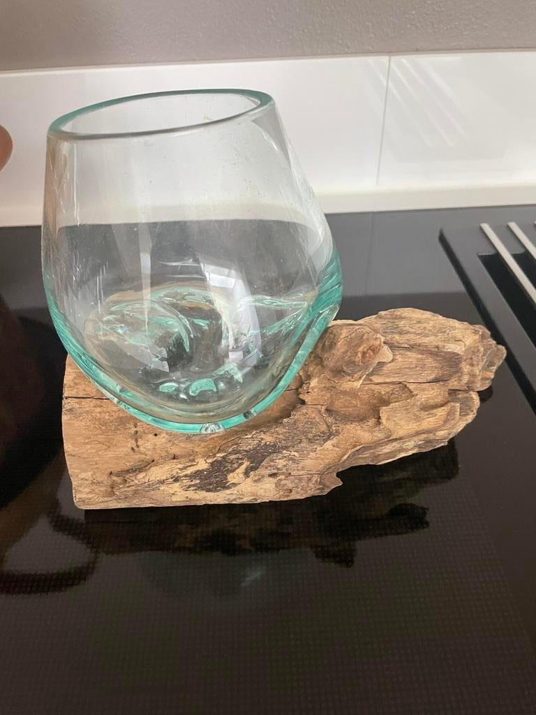 Glazen vaasje / pot op hout, Huis en Inrichting, Woonaccessoires | Stolpen, Verzenden, Zo goed als nieuw
