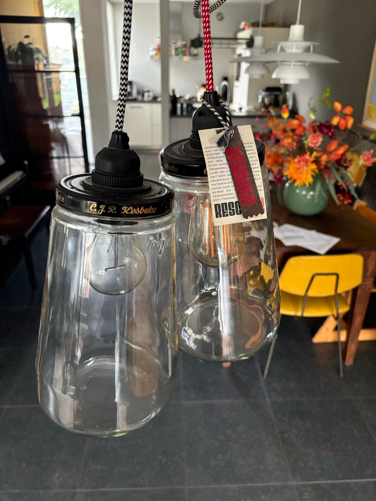 Unieke hanglampen van Kesbeke potten - Set van 2, Ophalen of Verzenden, Zo goed als nieuw, Glas