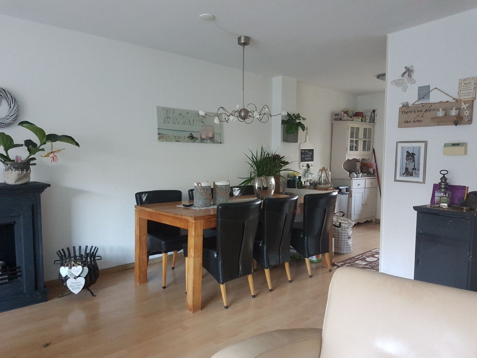 Eethoek met 6 stoelen - Zwart leder, Ophalen of Verzenden, Gebruikt, 4 tot 6 stoelen