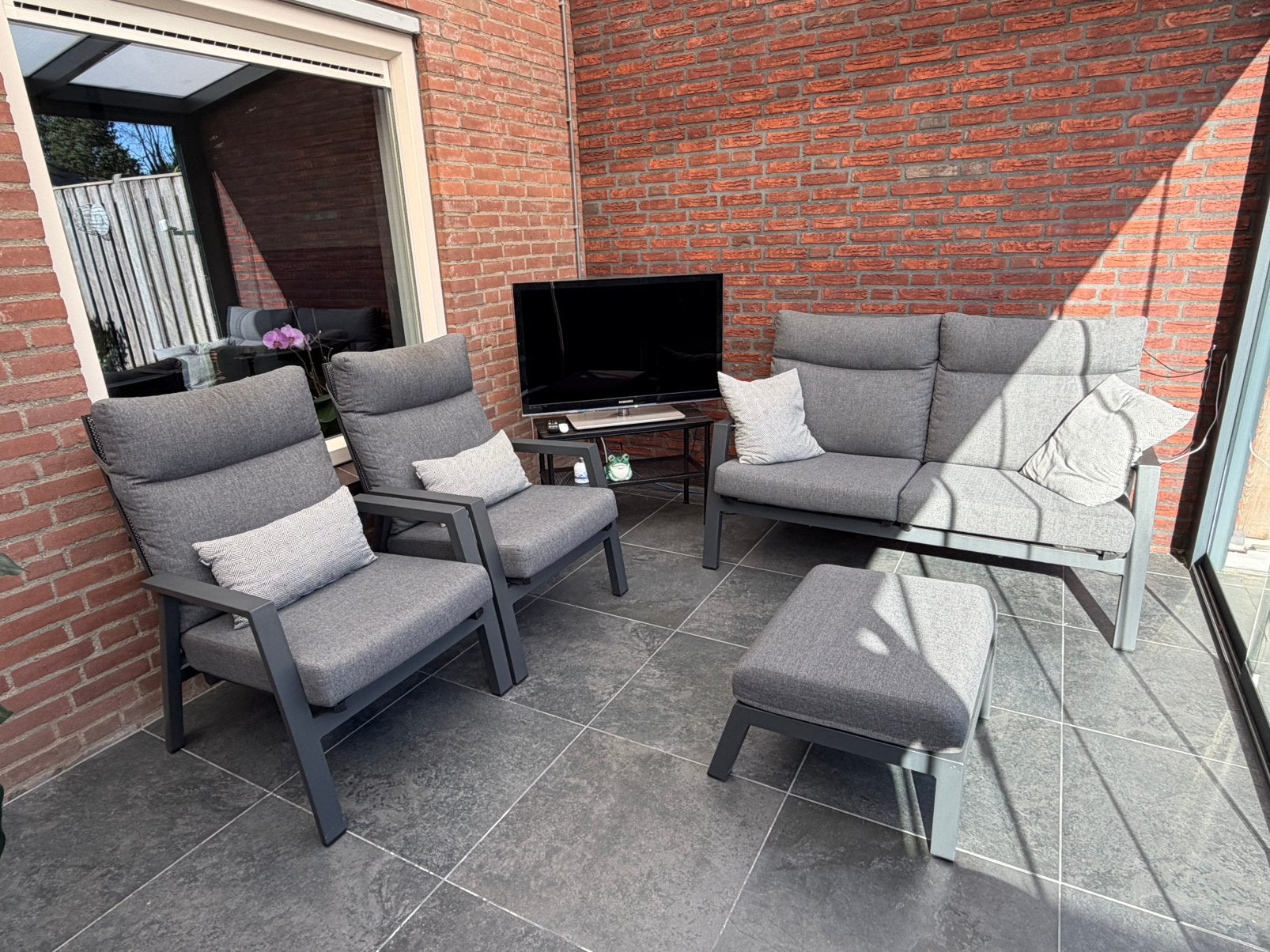 Tuinset verstelbare rugleuning bank + 2 stoelen + voetenbank, Tuin en Terras, Ophalen, Zo goed als nieuw, Tuinset, Bank