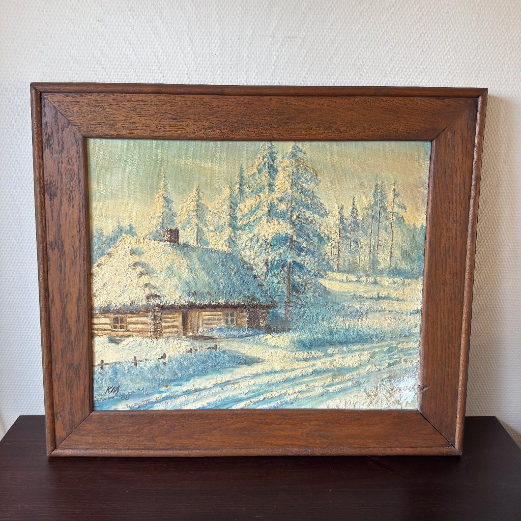 Antiek Winters Landschap Schilderij in Eiken Lijst, Kunst, Ophalen, Landschap
