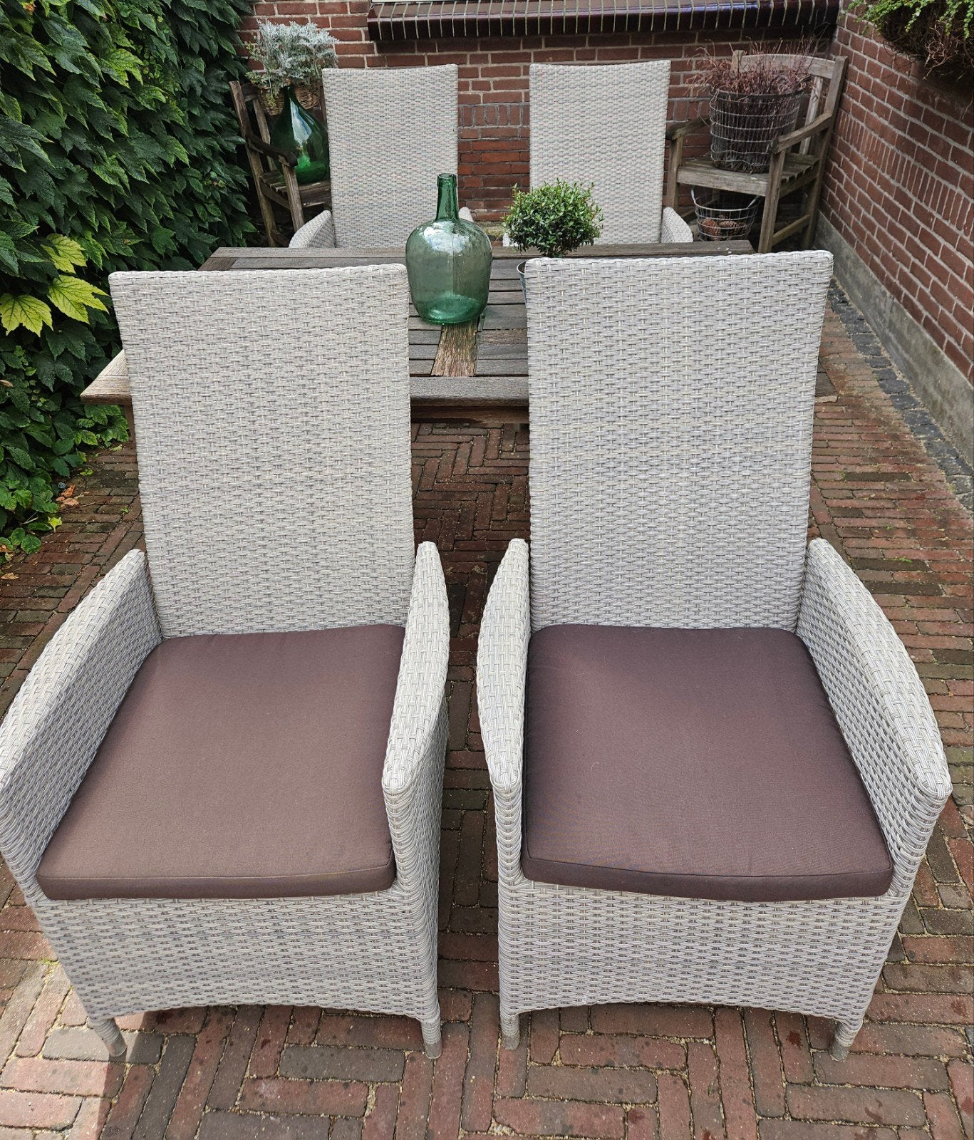 4 verstelbare grijze polyrotan tuinstoelen, Tuin en Terras, Tuinstoelen, Ophalen, Gebruikt, Kunststof