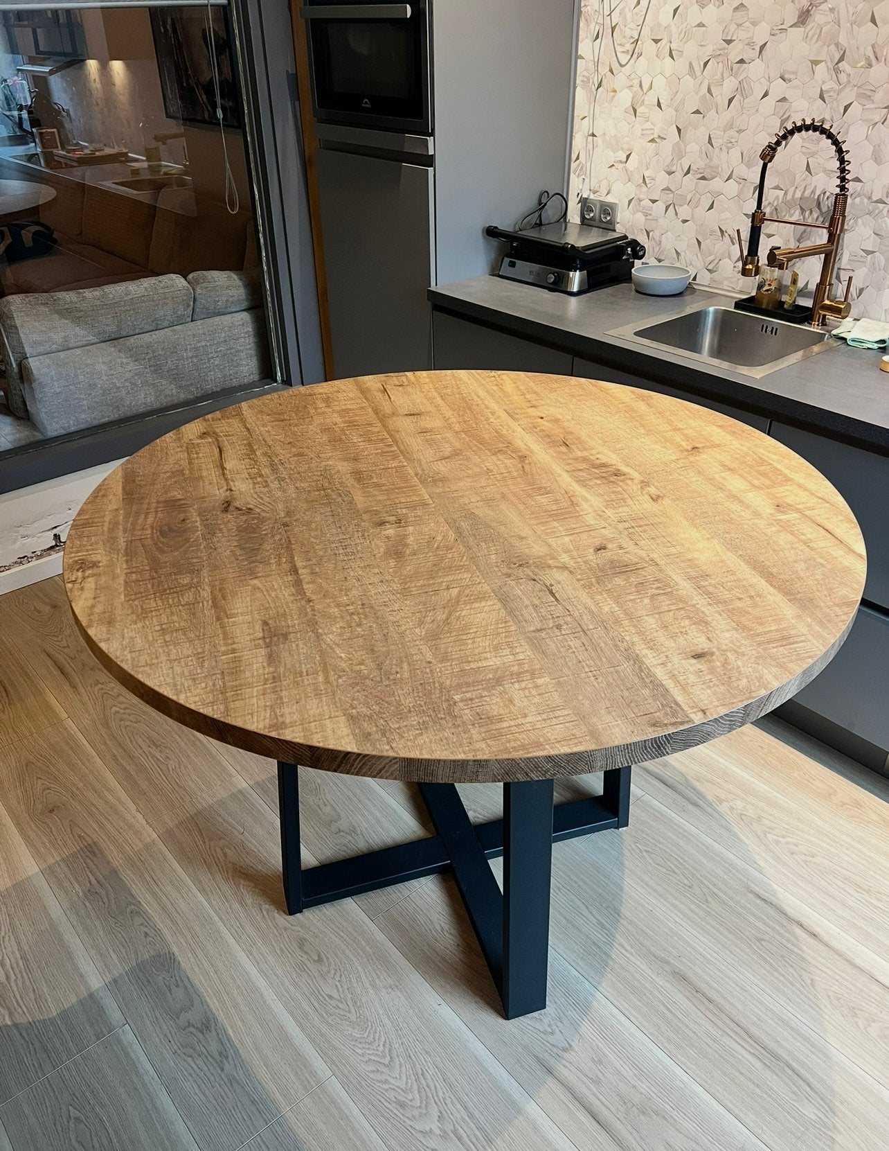 HACO ronde Countertafel Ø130 cm, Ophalen, 100 tot 150 cm, Industrieel, Landelijk, Rond