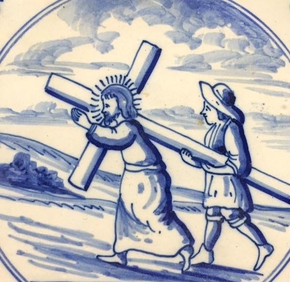 Tegel Antiek Bijbels Jezus met kruis Friesland, Antiek en Kunst, Antiek | Wandborden en Tegels, Ophalen of Verzenden
