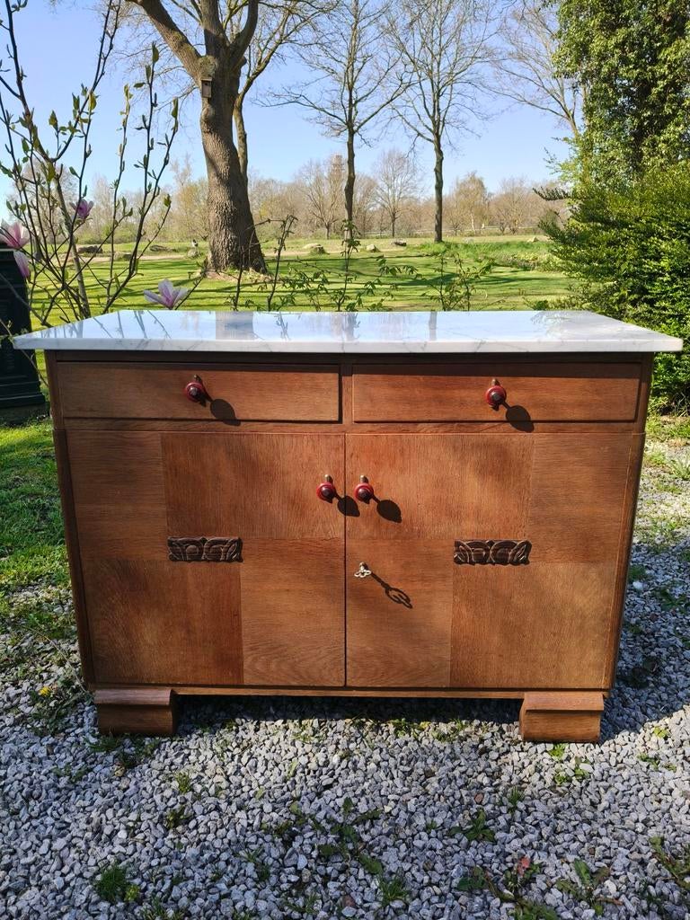 Jaren '30 Art Deco dressoir met Carrara marmeren blad, Ophalen, Metaal, Overige typen