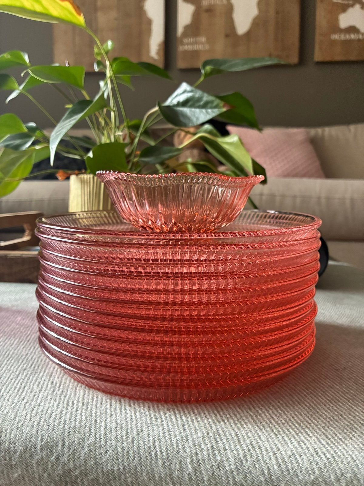 glazen borden in roze, Ophalen, Nieuw, Glas, Bord(en)