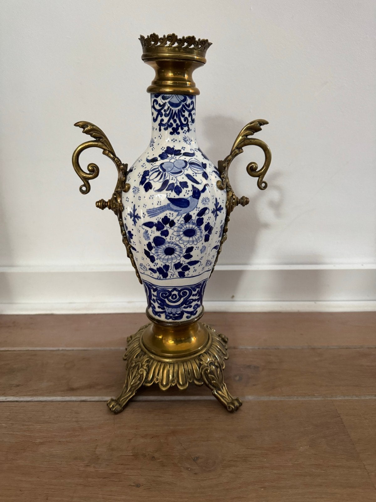 Antieke Kandelaar Delfts Blauw met koperen Montuur, Antiek en Kunst, Ophalen of Verzenden, Keramiek of Aardewerk