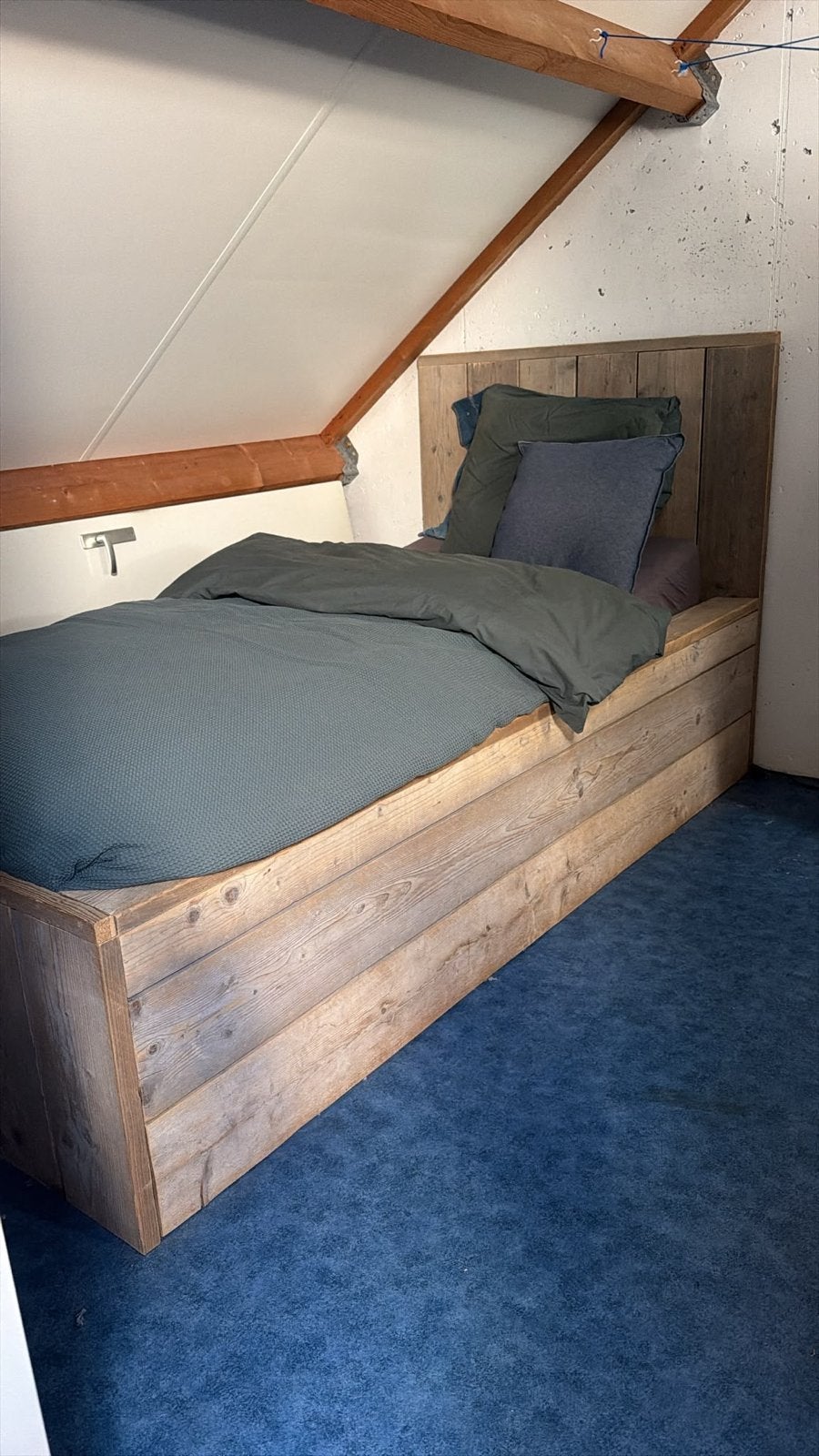 Steigerhouten eenpersoonsbed met hoofdbord, Huis en Inrichting, Slaapkamer | Bedden, Ophalen, Gebruikt, 90 cm, Steigerhout