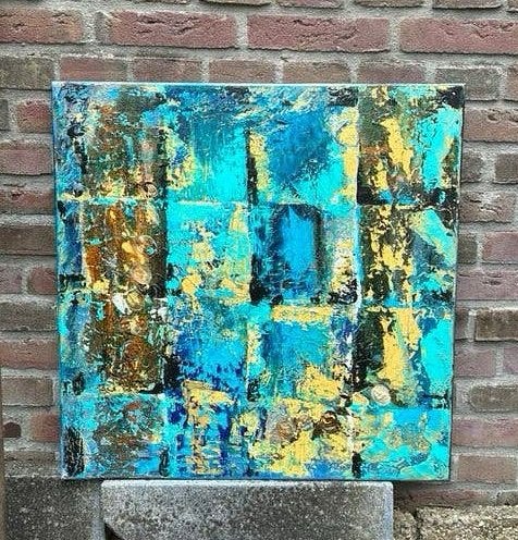 Abstract schilderij - 60 x 60 cm - blauw geel goud -, Ophalen of Verzenden