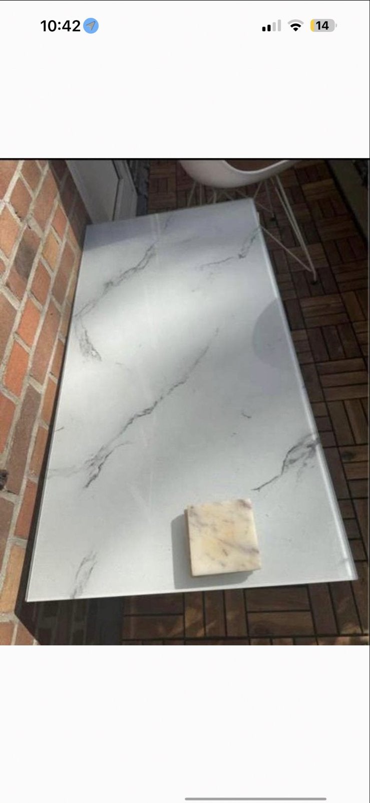 Luxe Marmerlook Glazen Tafel met Gouden Onderstel, Ophalen, 100 tot 150 cm, 50 tot 100 cm, Minder dan 50 cm