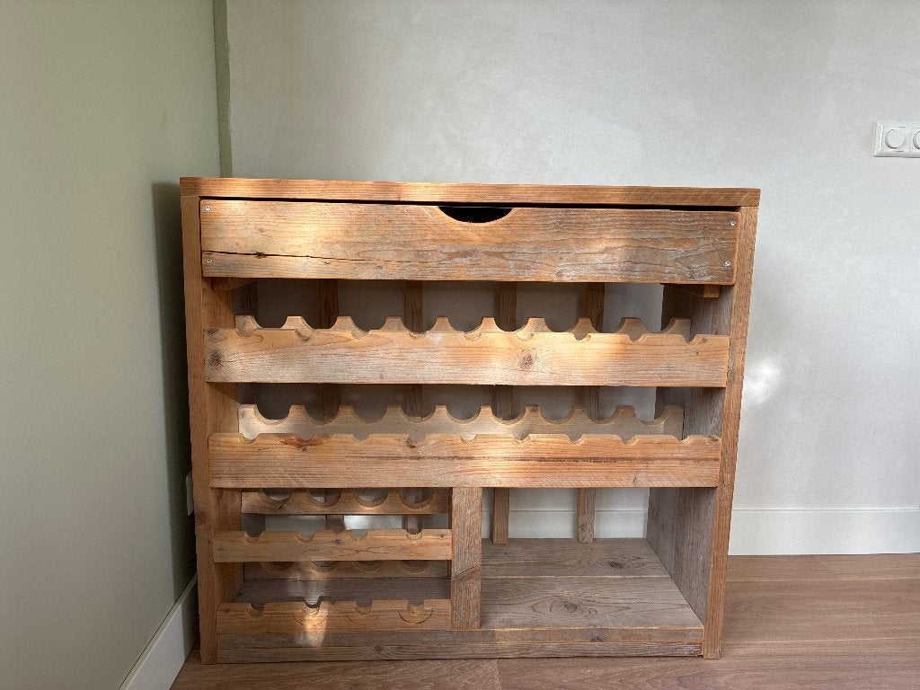 Houten wijnrek met lade - Rustieke stijl, Ophalen, Zo goed als nieuw, 25 flessen of meer, 75 – 100