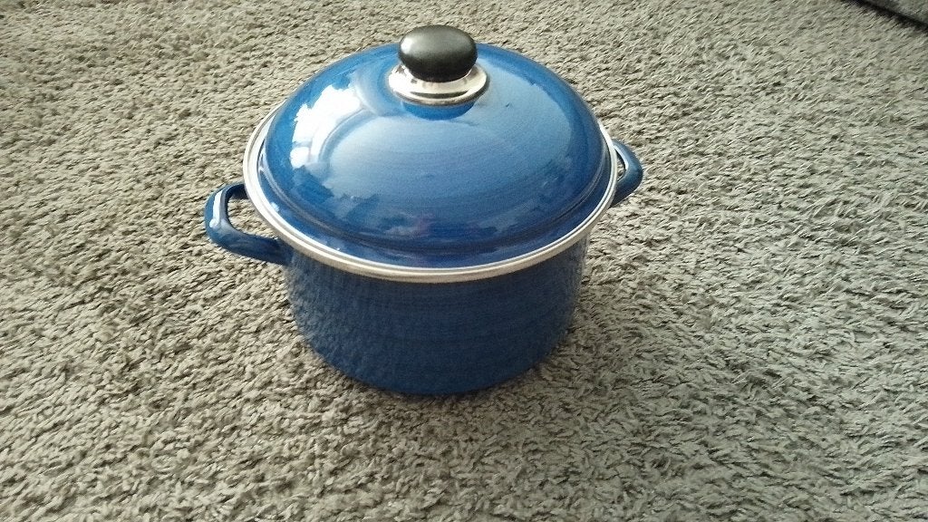 pan blauw, Ophalen, Gebruikt, Kookpan, Met deksel