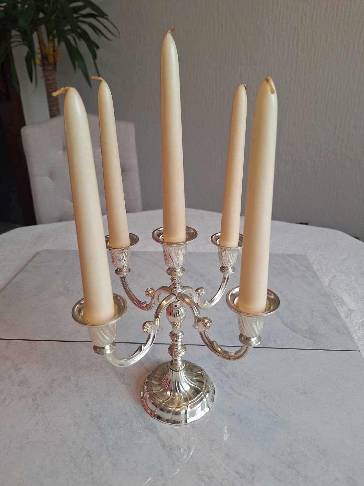 Mooie  Nieuwe  Verzilverde  5  Armige  Kandelaar, Antiek en Kunst, Ophalen of Verzenden, Zilver