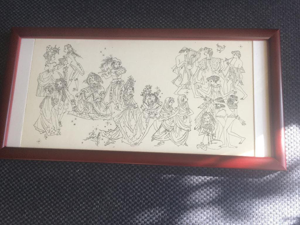 ingelijste pentekening van de oude danskleding, Antiek en Kunst, Kunst | Etsen en Gravures, 54 cm, Ingelijst, 1800 - 1899, Overige technieken