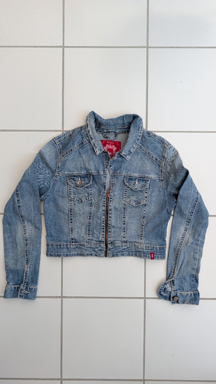 Blauwe spijkerjas EDC met rits, Maat L, Maat 42/44 (L), Verzenden, Blauw, Gedragen