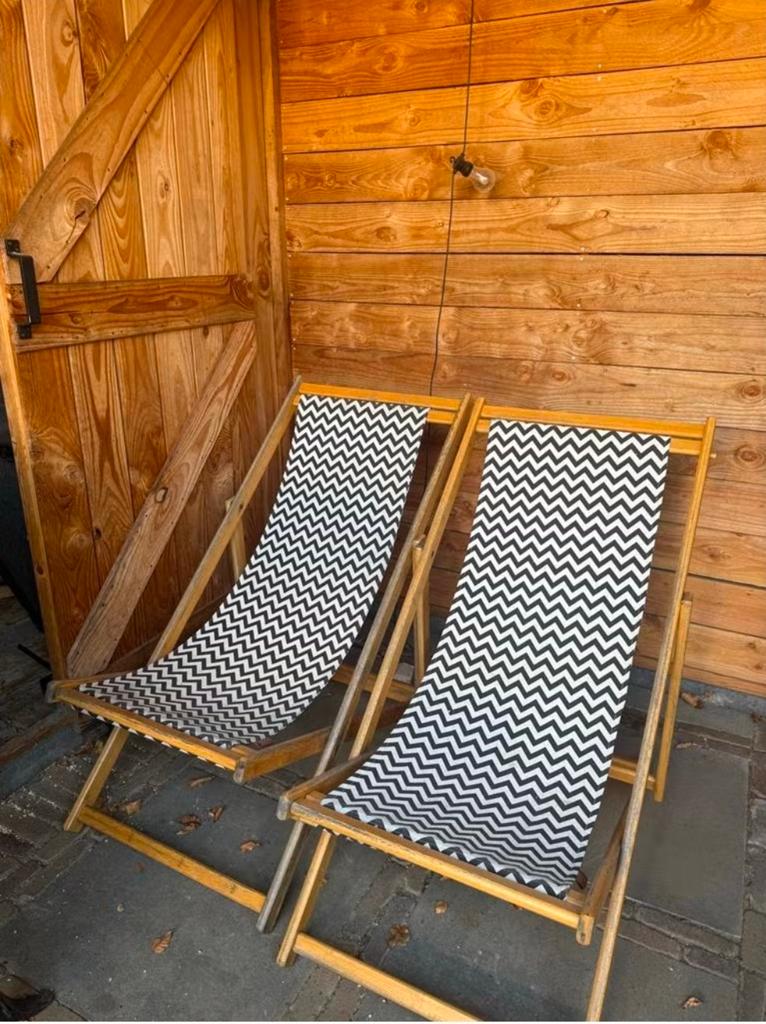 Bo-Camp Urban Outdoor Soho strandstoel bamboe/chevron, Tuin en Terras, Ligbedden, Ophalen, Zo goed als nieuw, Hout, Inklapbaar