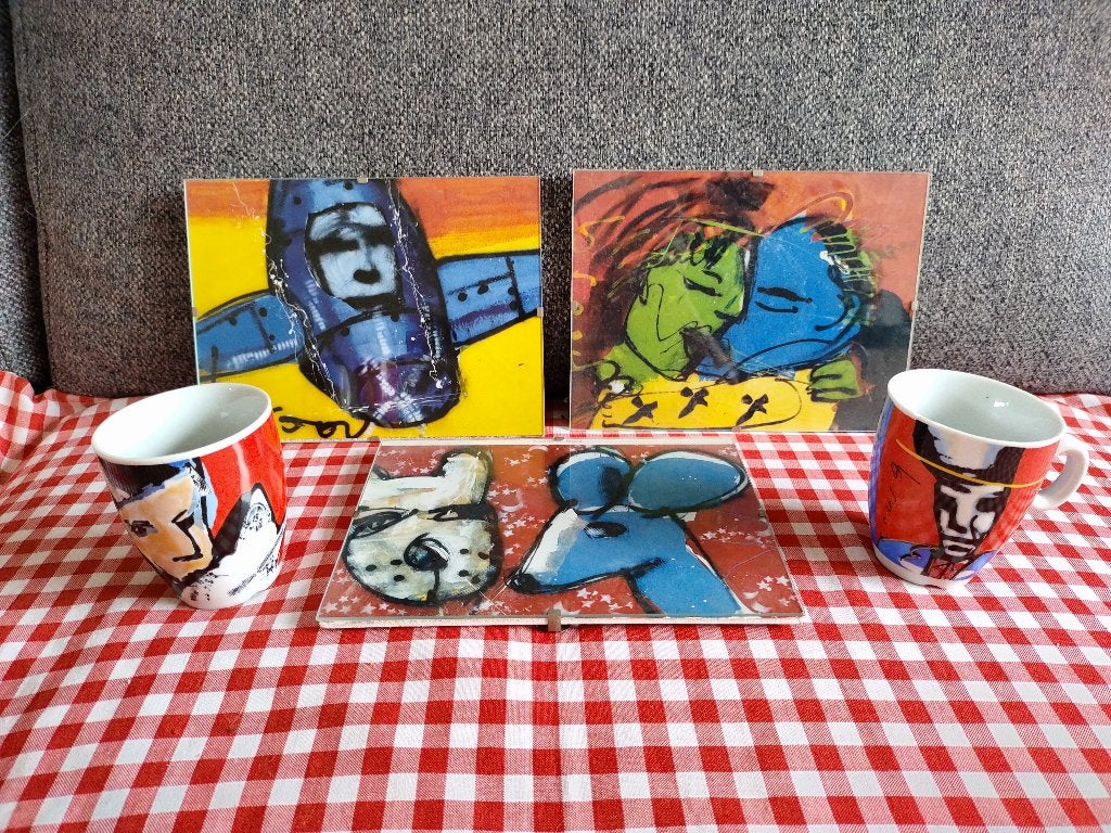 Herman Brood schilderijtjes en 2 Senseo bekers, Overige materialen, Gebruikt, Overige typen, Ophalen of Verzenden