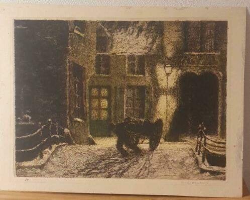 Ets van Man met trekkar in Mechelen. Nr 64. Albert Geudens, Antiek en Kunst, Kunst | Etsen en Gravures, Ophalen