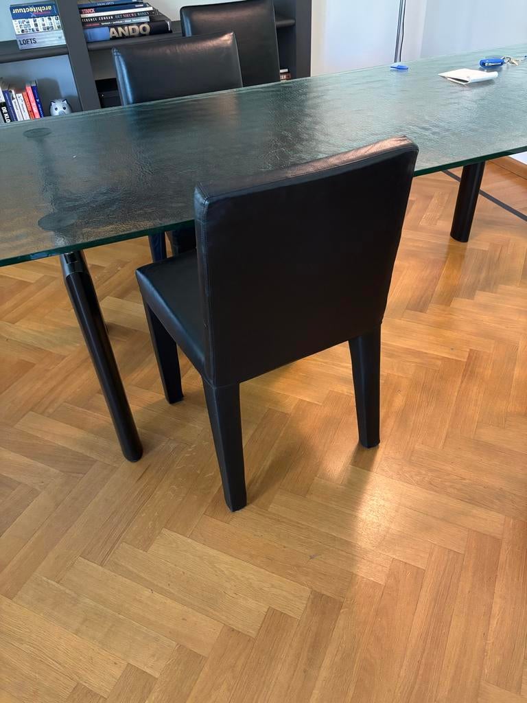 Moderne glazen eettafel met metalen onderstel, Huis en Inrichting, Tafels | Eettafels, Ophalen, Bauhaus, 200 cm of meer, 50 tot 100 cm