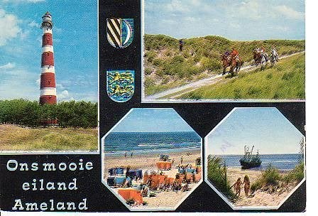 Ansichtkaart 	Ameland	4-luik	Vuurtoren	Paarden, Verzenden, 1960 tot 1980, Gelopen, Waddeneilanden