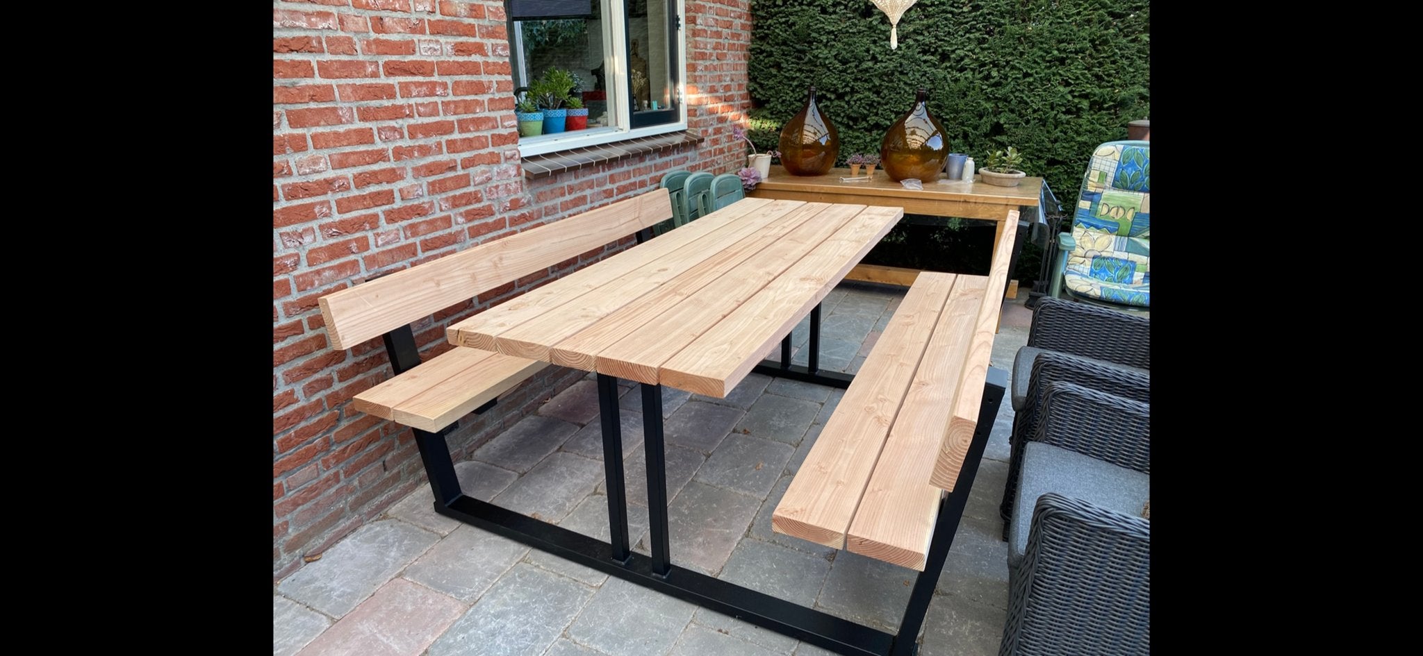 Robuuste picknickbank 200 cm - staal en hout, Tuin en Terras, Ophalen, Gebruikt, Rechthoekig, Hout