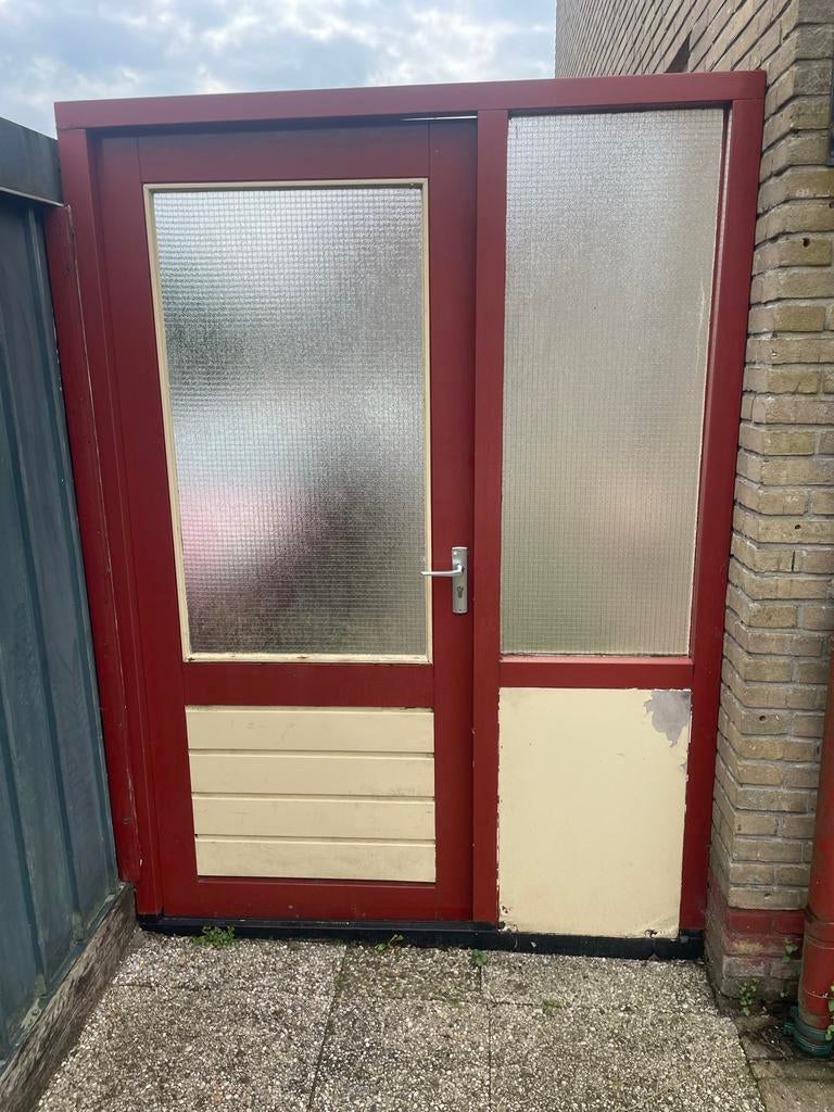 Houten buitendeur met glas en zijpaneel, Ophalen, Gebruikt, Buitendeur, Hout