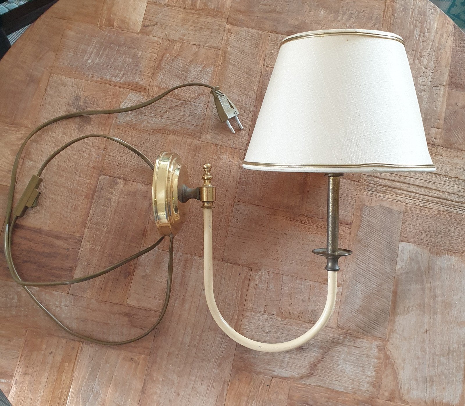 Vintage messing wandlamp met stoffen kap, jaren 70/80, Met snoer/stekker, Gebruikt, E14 (klein), Ophalen of Verzenden