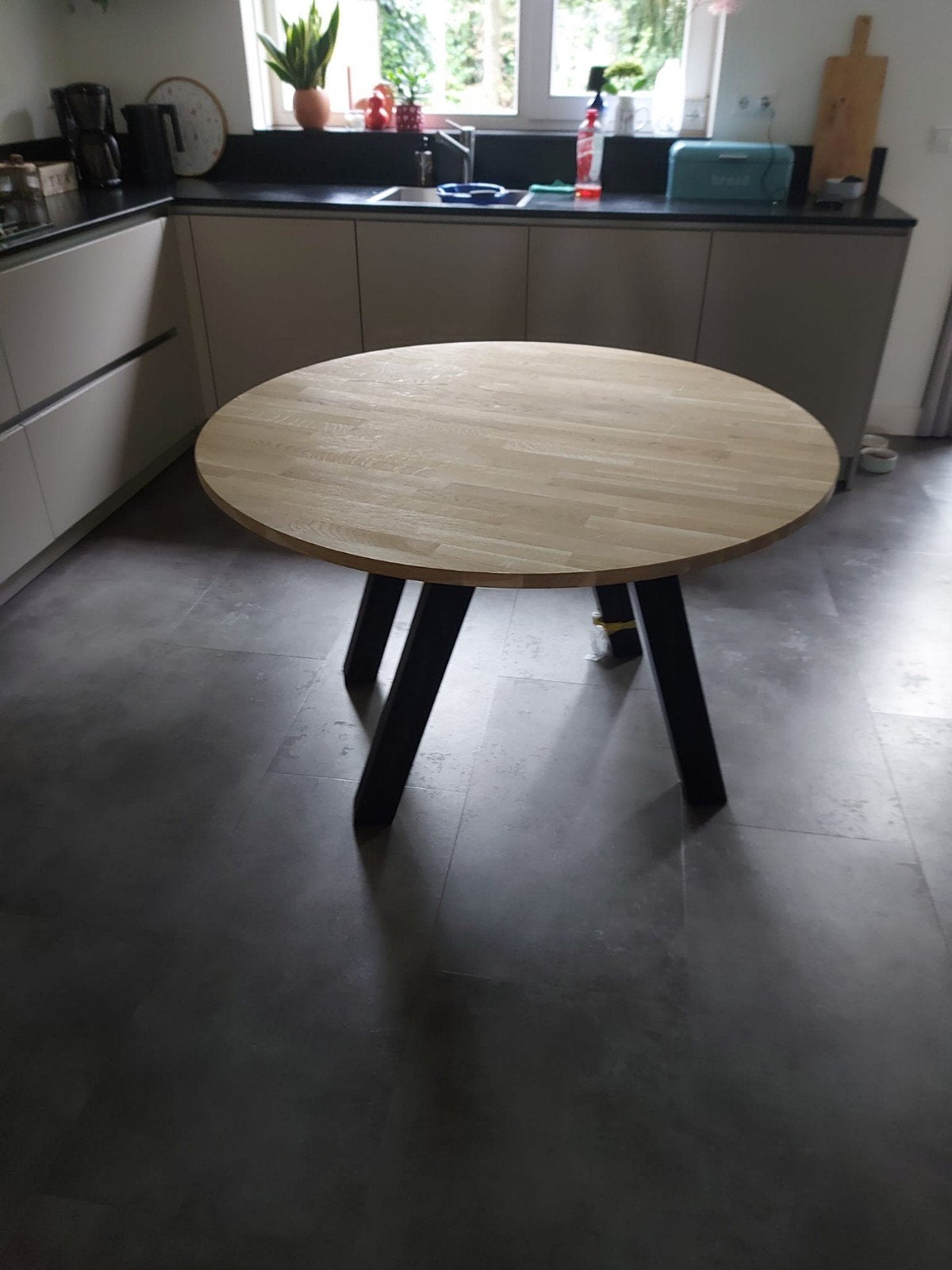 Eiken eetkamer tafel rond 120, Ophalen, Nieuw, Vier personen, 100 tot 150 cm