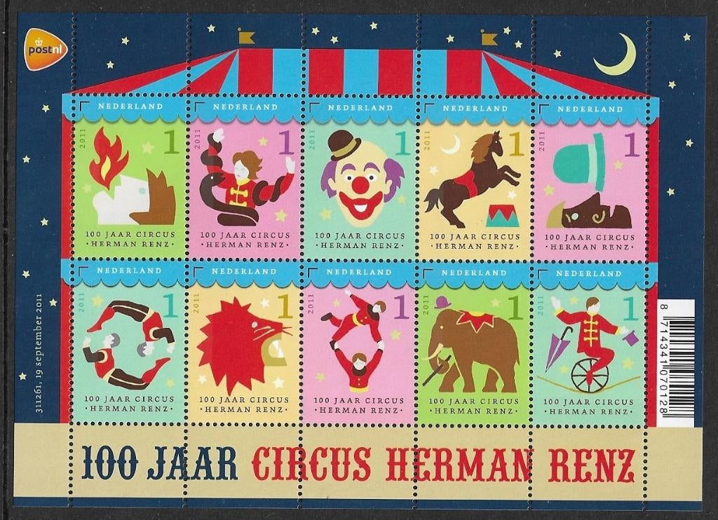 19.nederland V2868-2877 Circus Herman Renz 20.00 postfris, Ophalen of Verzenden, Na 1940, Postfris
