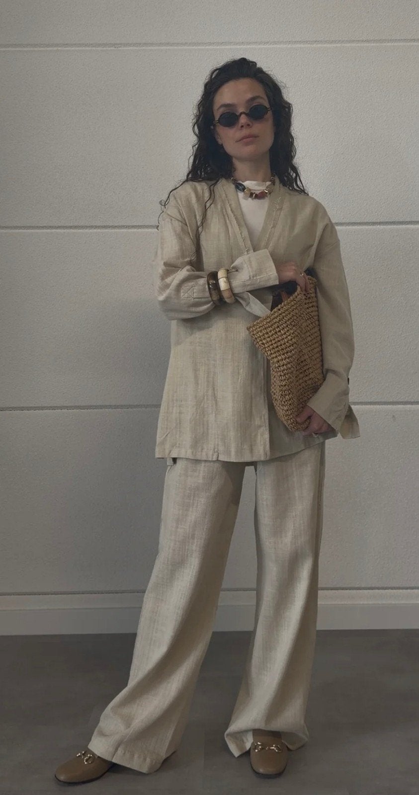 TD Collection Twinset Kimono & Broek maat S/M katoen/Viscose, Maat 38/40 (M), Beige, Td collection, Nieuw