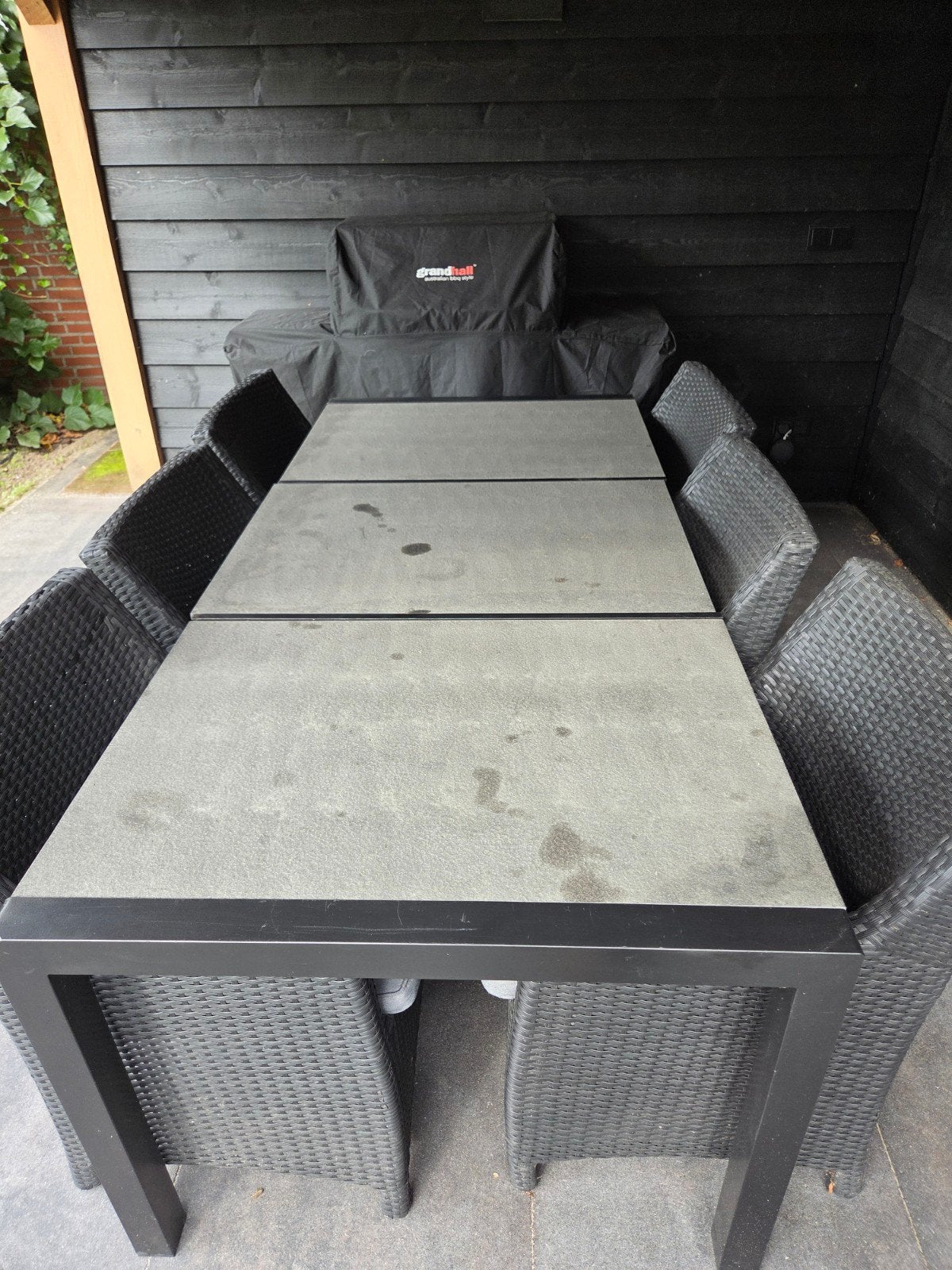 Complete tuinset: tafel (211x96cm) met 6 wicker stoelen, Tuin en Terras, Ophalen, Gebruikt, 6 zitplaatsen, Wicker