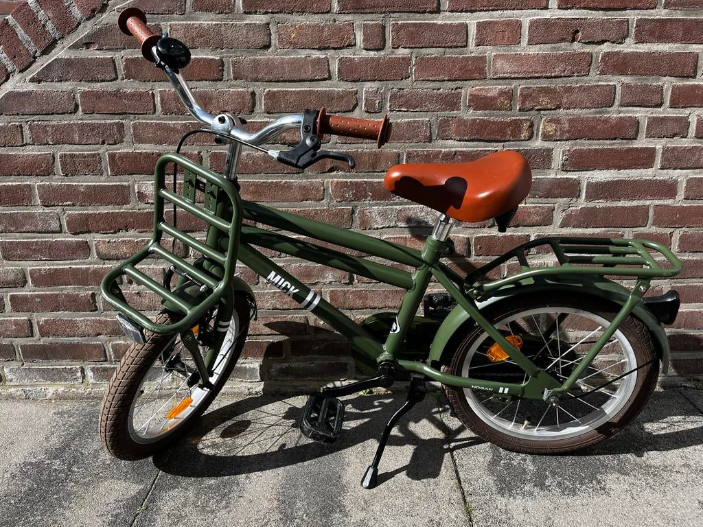 Mick Kinderfiets 16 inch - Groen met bagagedrager, Fietsen en Brommers, Fietsen | Kinderfietsjes, Ophalen, Gebruikt, Velgrem, 16 tot 20 inch
