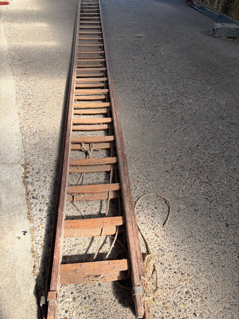 Vintage houten ladder 2x5m, Ophalen, Gebruikt, Ladder, Opvouwbaar of Inschuifbaar
