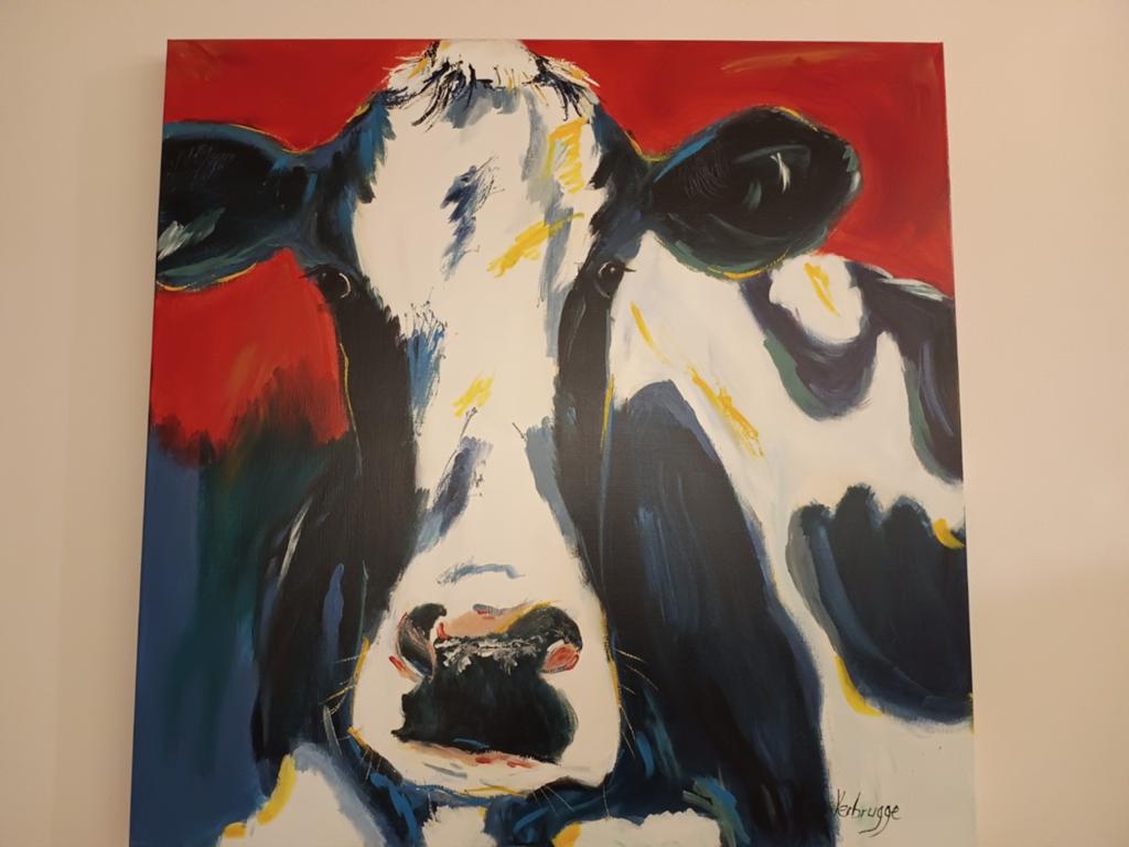 Schilderij koe van Loes Verbrugge 1.20 x 1.20m, Antiek en Kunst, Ophalen