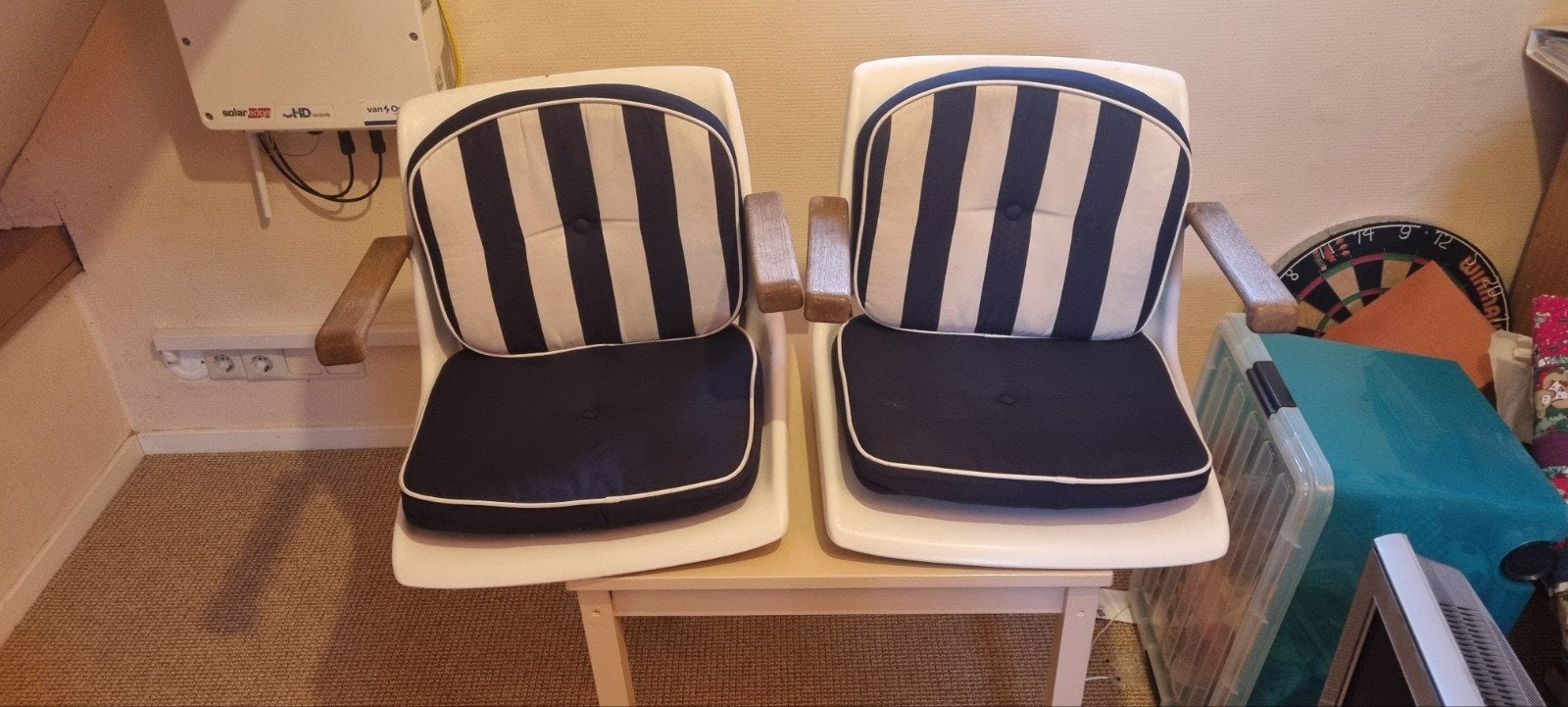 2x Witte stoelen met blauw-wit gestreepte kussens, Watersport en Boten, Ophalen, Gebruikt, Interieur en Kussens
