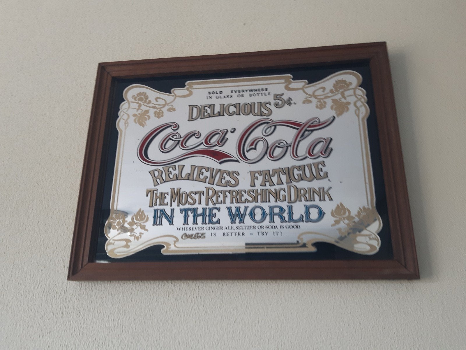 Vintage Coca-Cola spiegel - 'Relieves Fatigue' reclame, Ophalen of Verzenden, Gebruikt