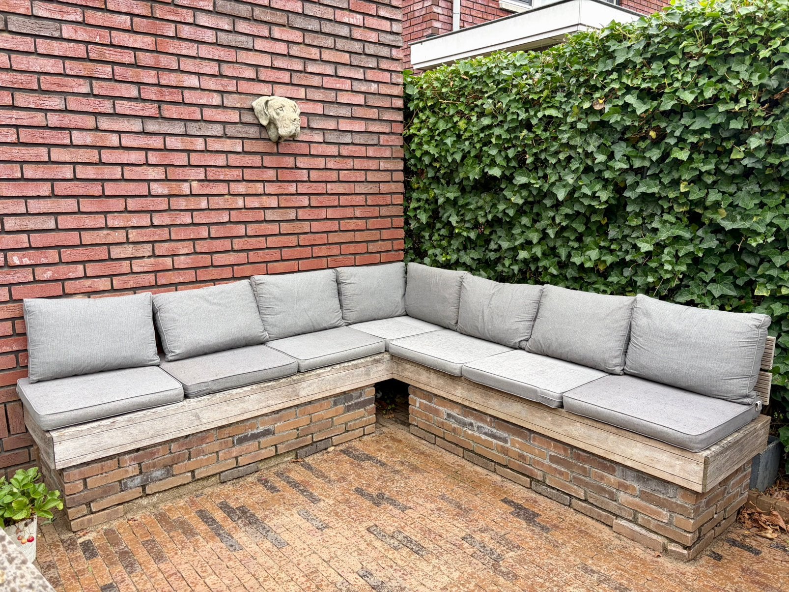 GRATIS set tuinkussens loungebank, Ophalen, Gebruikt, Teakhout, Eettafel