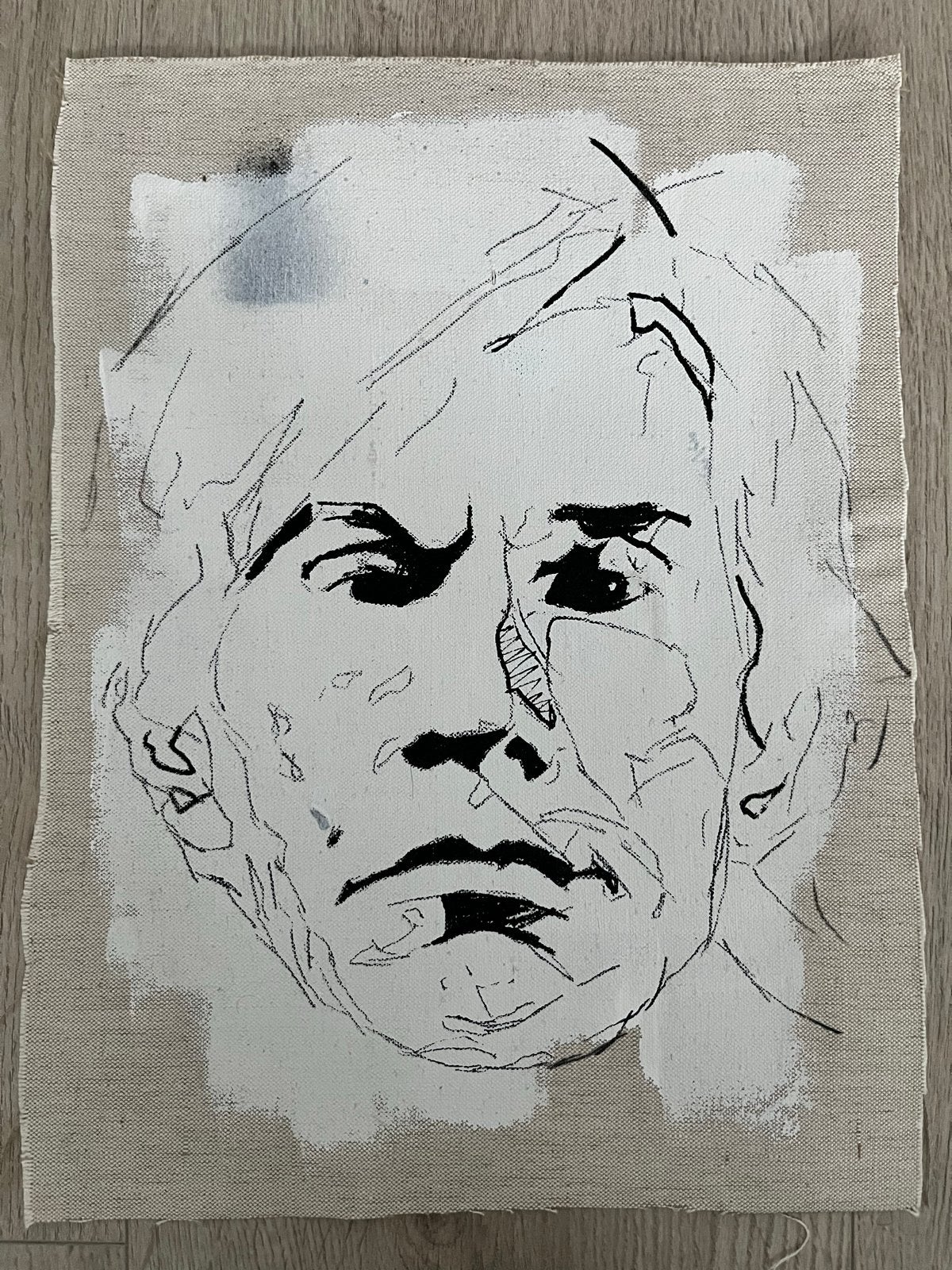 Handgeschilderd portret Andy Warhol op stof 30x40 cm, Acrylverf, Verzenden, Handgeschilderd, Portret