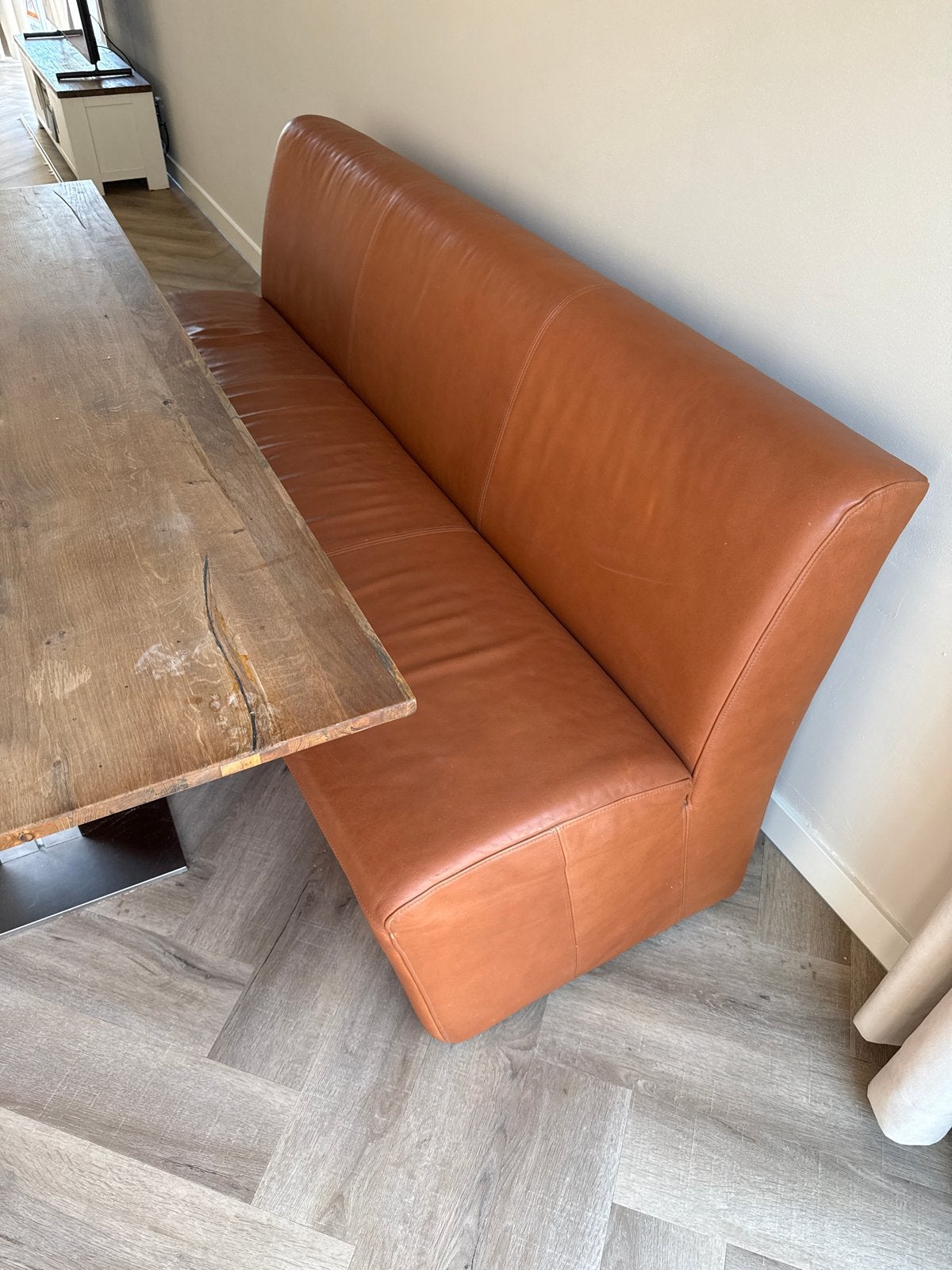 Leren eetbank - Cognac kleurig, Gebruikt, Driepersoons, Ophalen of Verzenden, 200 tot 250 cm