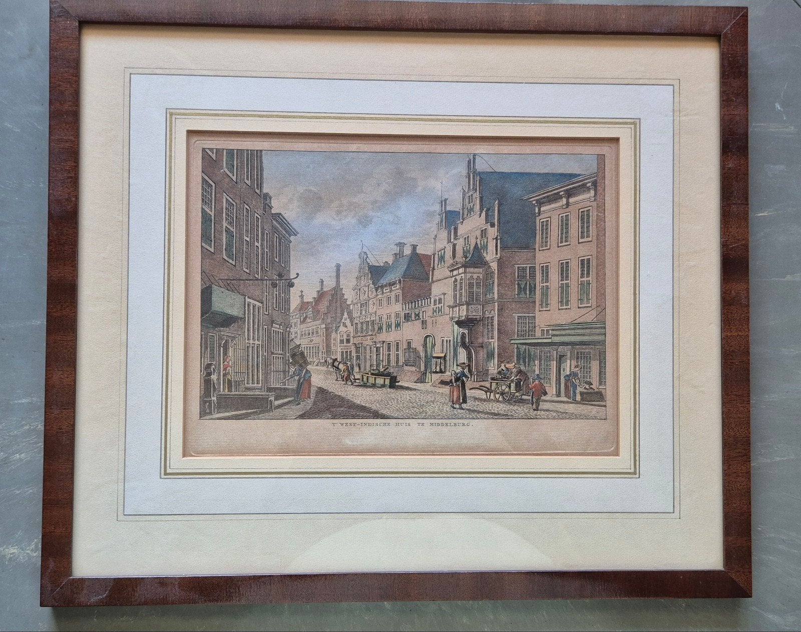 Antieke gravure 't West-Indische Huis te Middelburg, Ingelijst, 1800 - 1899, Stadsgezicht, Ophalen of Verzenden