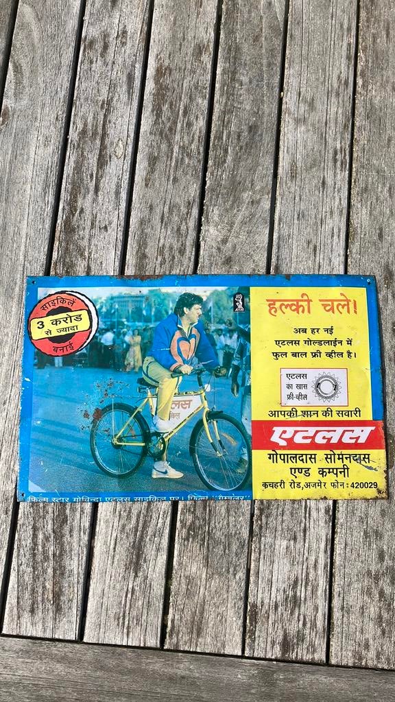Vintage reclamebord atlas fietsen geen emaille bord india, Ophalen of Verzenden, Gebruikt, Reclamebord