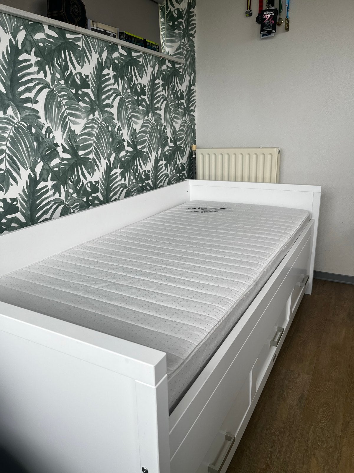 Bopita eenpersoonsbed wit met lades en matras 100x210cm, Ophalen, Eenpersoons, Hout, 100 cm