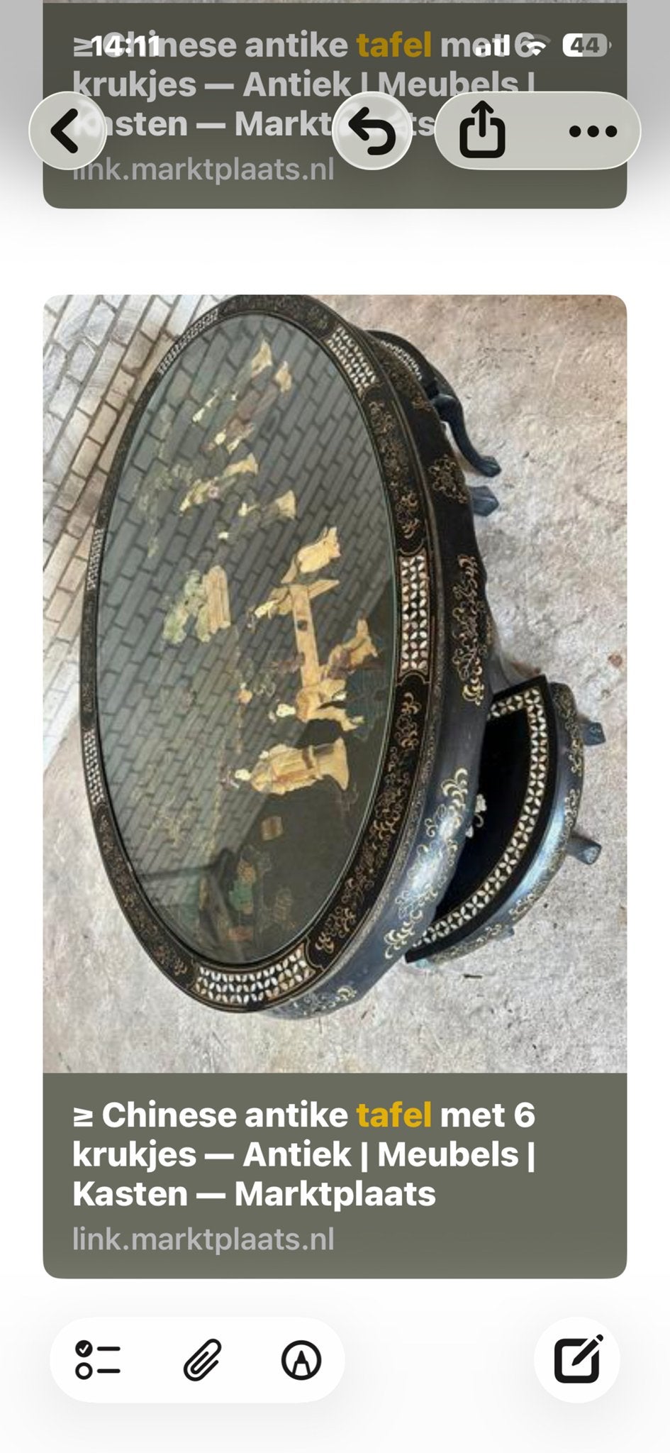 Antieke Chinese tafel met 6 krukjes - Zwart met inleg, Ophalen