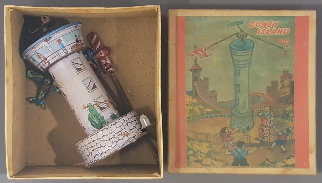 Blikken opwind zweefmolen 'Coney Island' in originele doos, Antiek en Kunst, Antiek | Speelgoed, Ophalen of Verzenden