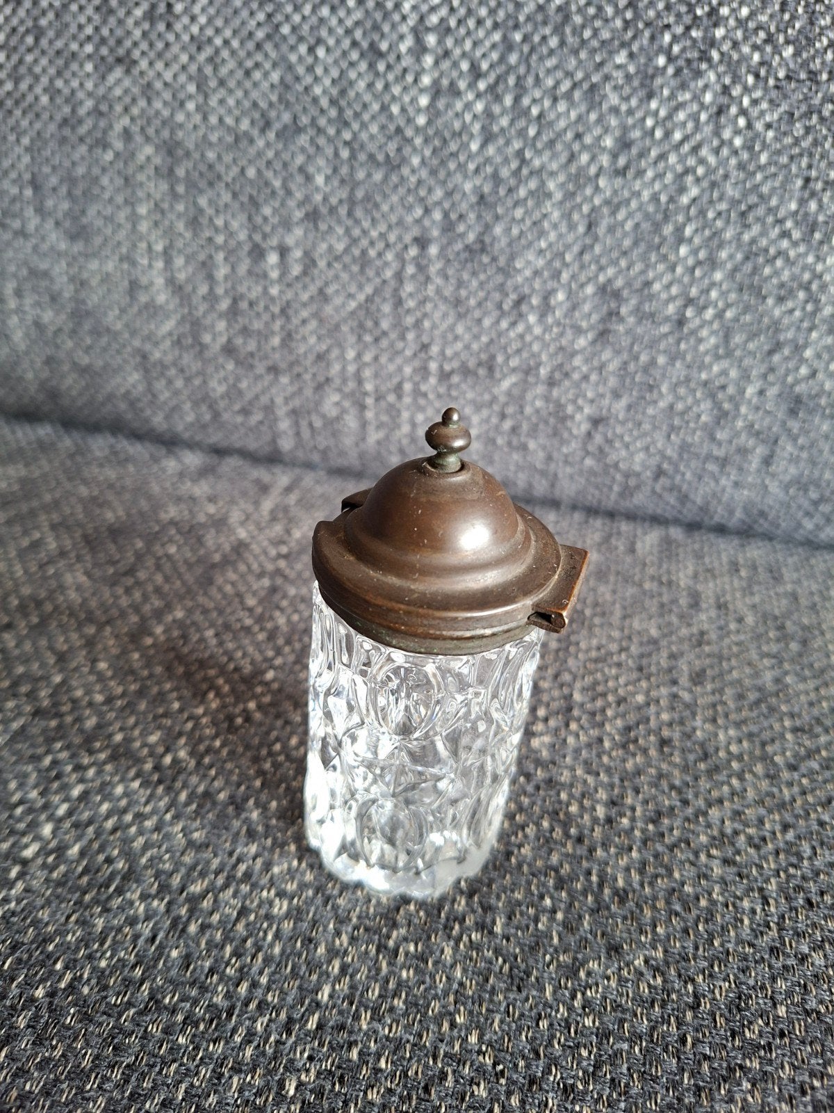 Antieke mosterd Fles met Metalen/zilverachtige Dop -, Ophalen of Verzenden