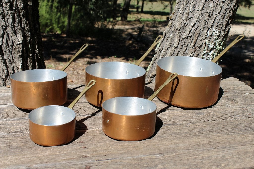 Brocante - Set van 5 koperen steelpannen!, Ophalen of Verzenden, Gebruikt, Koper, Kookpan