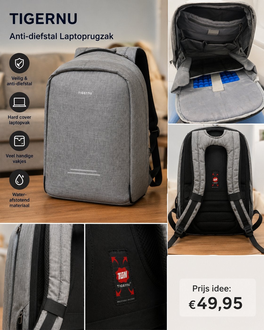 Tigernu Anti-diefstal Laptop Rugzak - Grijs, Gevoerd laptopvak, 15 inch, Grijs, Nieuw