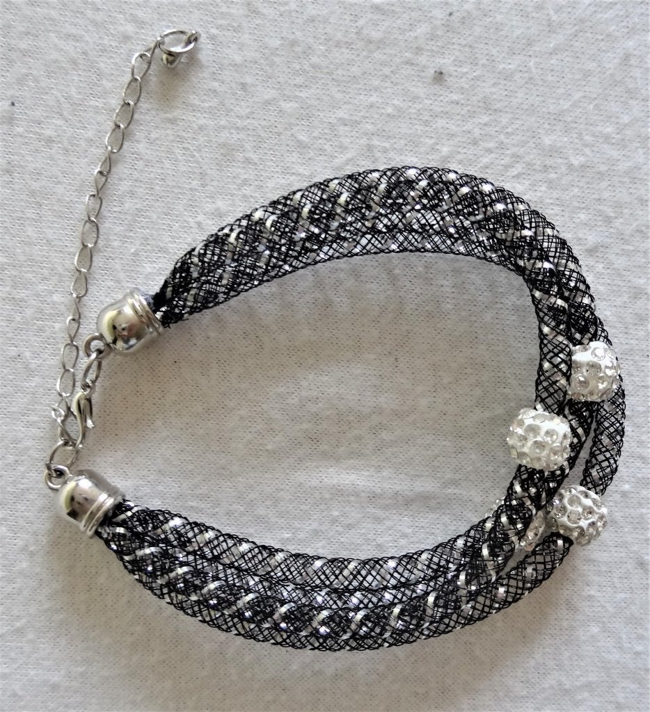 Nieuw: aparte buis-armband schuifkralen zwart zilver strass, Ophalen, Overige materialen, Met bedels of kralen, Zwart