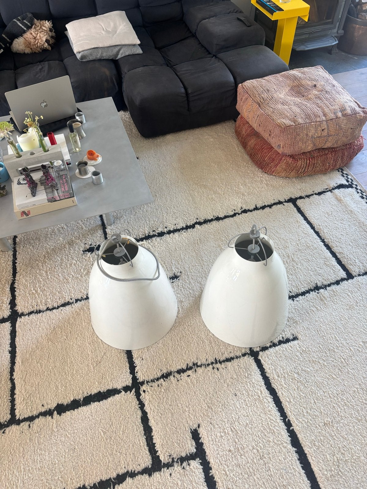 Set van 2 Witte Industriële Hanglampen, Minder dan 50 cm, Gebruikt, Ophalen of Verzenden, Minder dan 25 cm